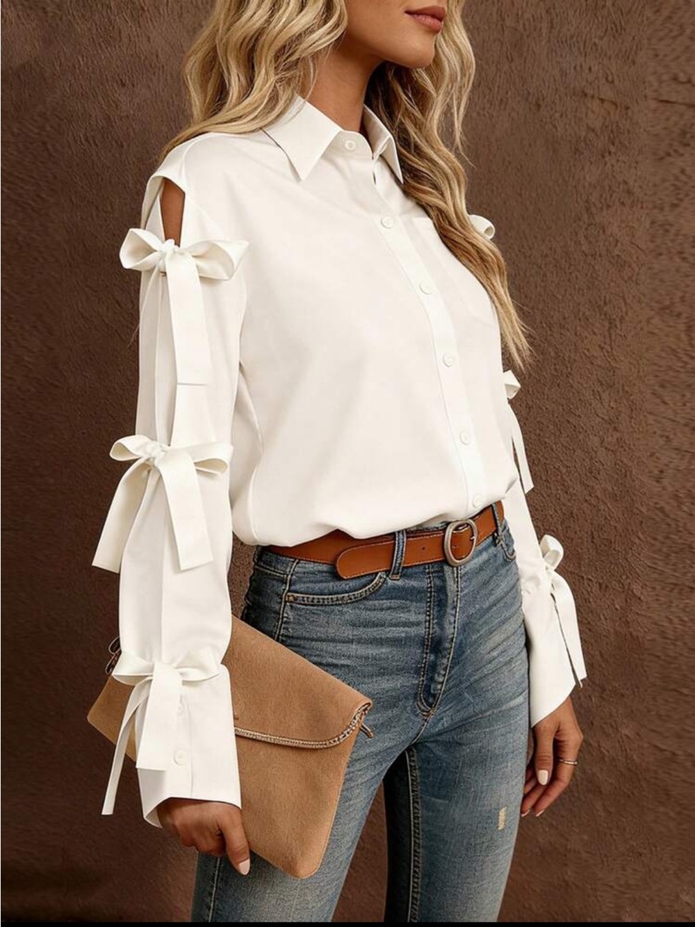 Women's Cream Bow-Tie Sleeve Button-Up Top - Picture 4 of 6